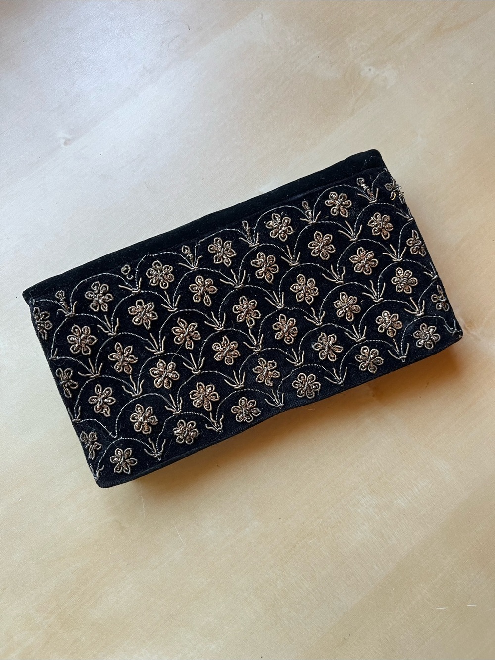 Vintage 50s Black Velvet Gold Floral Embroidered Evening Clutch w/ Strap 7.25X4